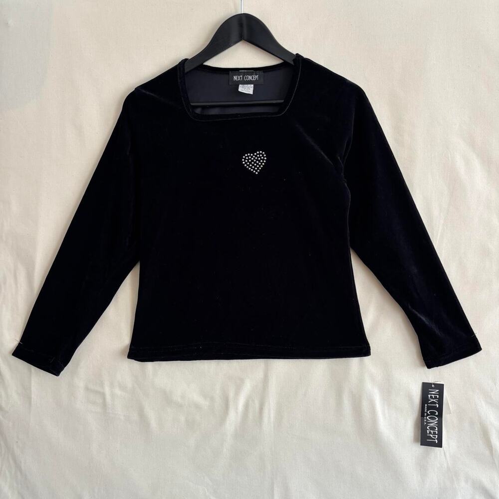 Vintage Y2K Next Concept Black Velvet Rhinestone Heart Top NWT - Size XL